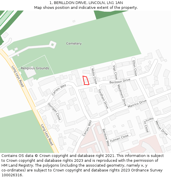 1, BERILLDON DRIVE, LINCOLN, LN1 1AN: Location map and indicative extent of plot