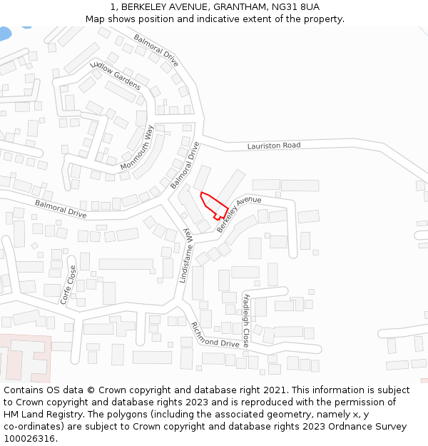 1, BERKELEY AVENUE, GRANTHAM, NG31 8UA: Location map and indicative extent of plot
