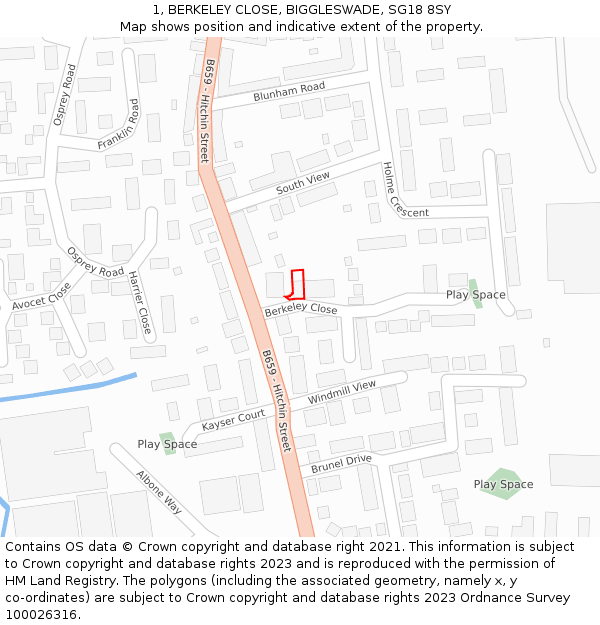 1, BERKELEY CLOSE, BIGGLESWADE, SG18 8SY: Location map and indicative extent of plot