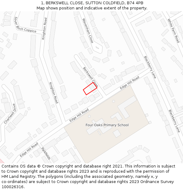 1, BERKSWELL CLOSE, SUTTON COLDFIELD, B74 4PB: Location map and indicative extent of plot