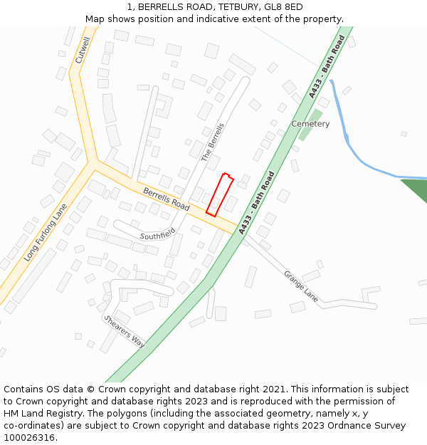 1, BERRELLS ROAD, TETBURY, GL8 8ED: Location map and indicative extent of plot