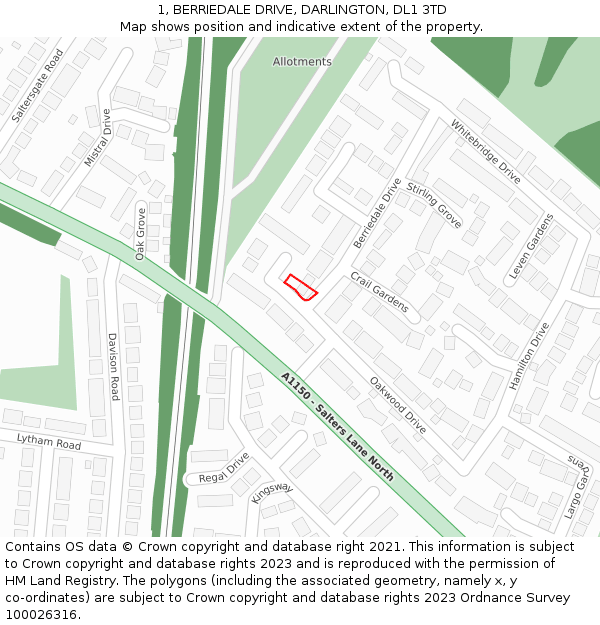 1, BERRIEDALE DRIVE, DARLINGTON, DL1 3TD: Location map and indicative extent of plot