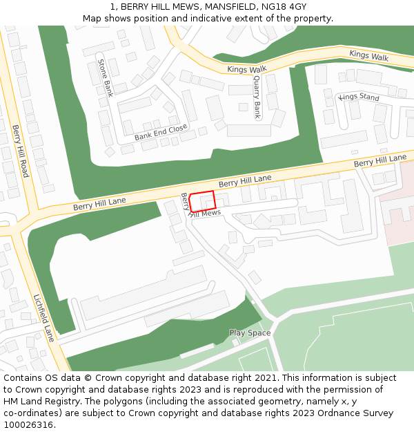 1, BERRY HILL MEWS, MANSFIELD, NG18 4GY: Location map and indicative extent of plot