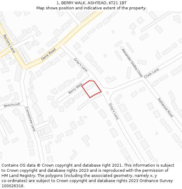 1, BERRY WALK, ASHTEAD, KT21 1BT: Location map and indicative extent of plot