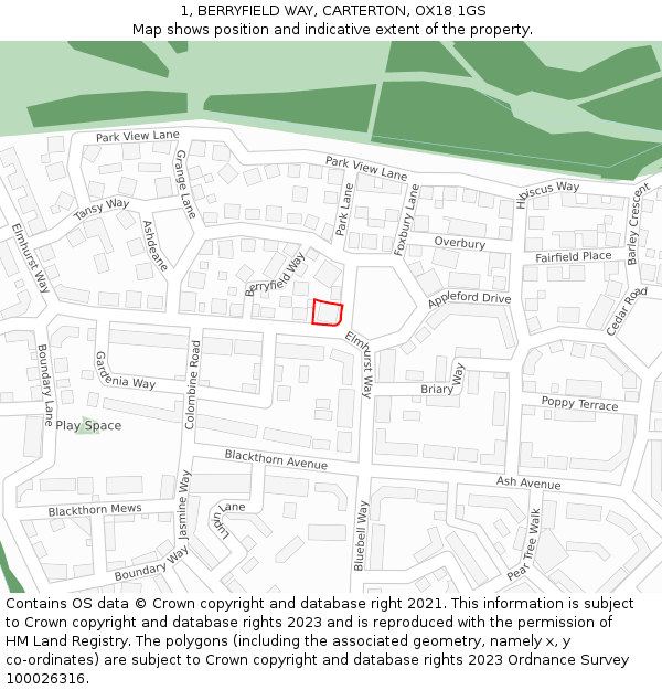 1, BERRYFIELD WAY, CARTERTON, OX18 1GS: Location map and indicative extent of plot