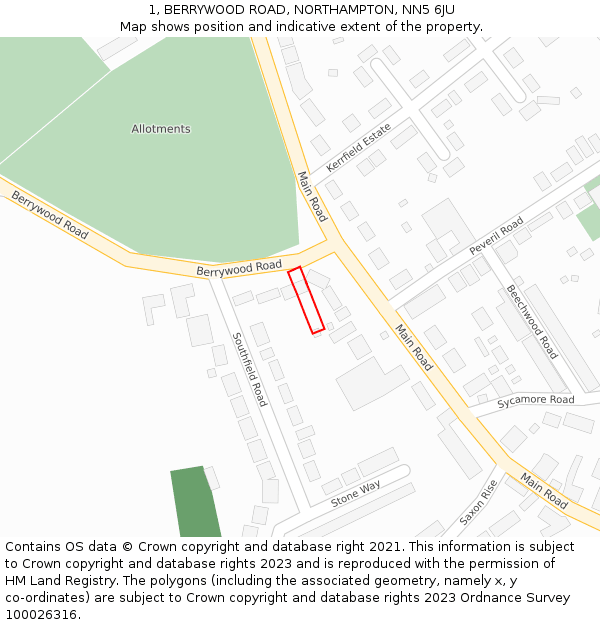 1, BERRYWOOD ROAD, NORTHAMPTON, NN5 6JU: Location map and indicative extent of plot