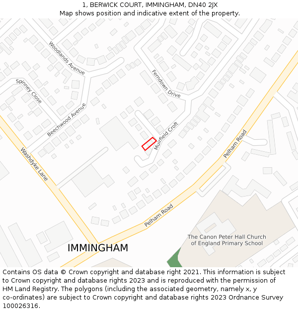 1, BERWICK COURT, IMMINGHAM, DN40 2JX: Location map and indicative extent of plot