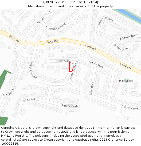 1, BESLEY CLOSE, TIVERTON, EX16 4JF: Location map and indicative extent of plot