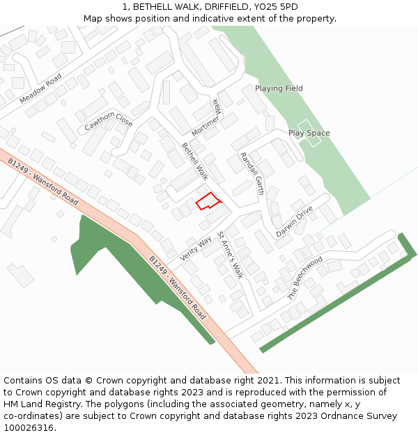 1, BETHELL WALK, DRIFFIELD, YO25 5PD: Location map and indicative extent of plot