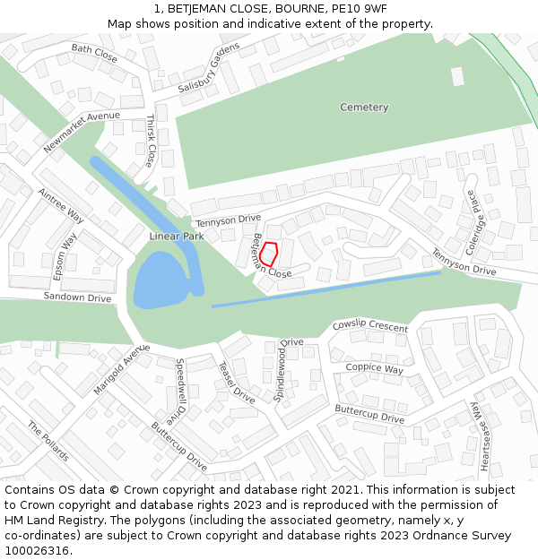 1, BETJEMAN CLOSE, BOURNE, PE10 9WF: Location map and indicative extent of plot
