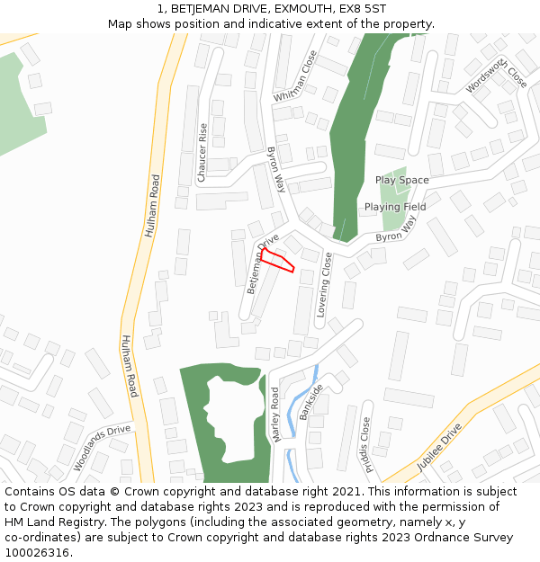 1, BETJEMAN DRIVE, EXMOUTH, EX8 5ST: Location map and indicative extent of plot