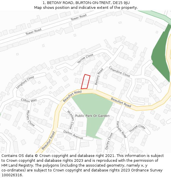 1, BETONY ROAD, BURTON-ON-TRENT, DE15 9JU: Location map and indicative extent of plot