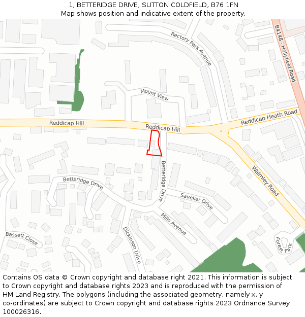 1, BETTERIDGE DRIVE, SUTTON COLDFIELD, B76 1FN: Location map and indicative extent of plot