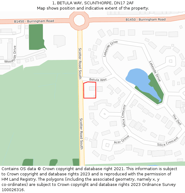 1, BETULA WAY, SCUNTHORPE, DN17 2AF: Location map and indicative extent of plot