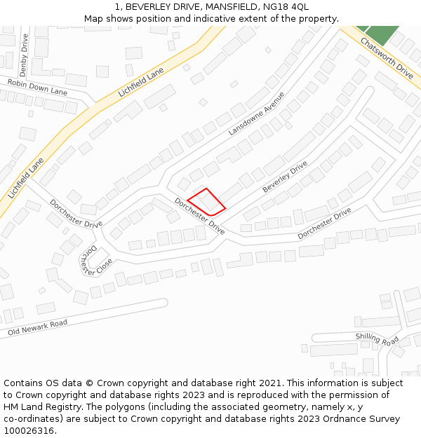 1, BEVERLEY DRIVE, MANSFIELD, NG18 4QL: Location map and indicative extent of plot
