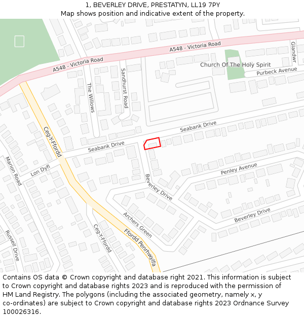 1, BEVERLEY DRIVE, PRESTATYN, LL19 7PY: Location map and indicative extent of plot