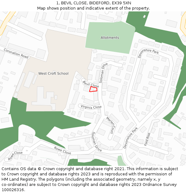 1, BEVIL CLOSE, BIDEFORD, EX39 5XN: Location map and indicative extent of plot