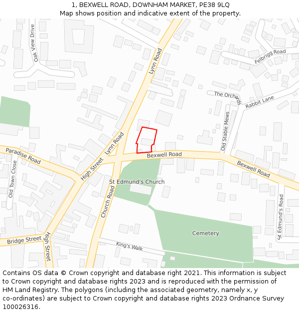 1, BEXWELL ROAD, DOWNHAM MARKET, PE38 9LQ: Location map and indicative extent of plot