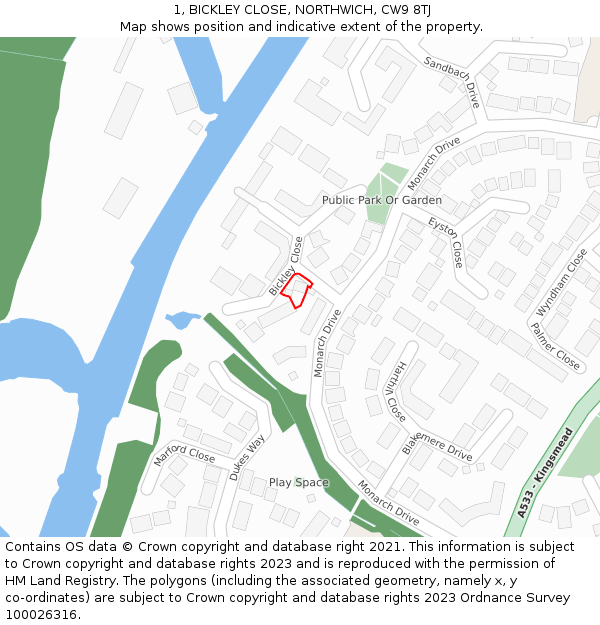 1, BICKLEY CLOSE, NORTHWICH, CW9 8TJ: Location map and indicative extent of plot