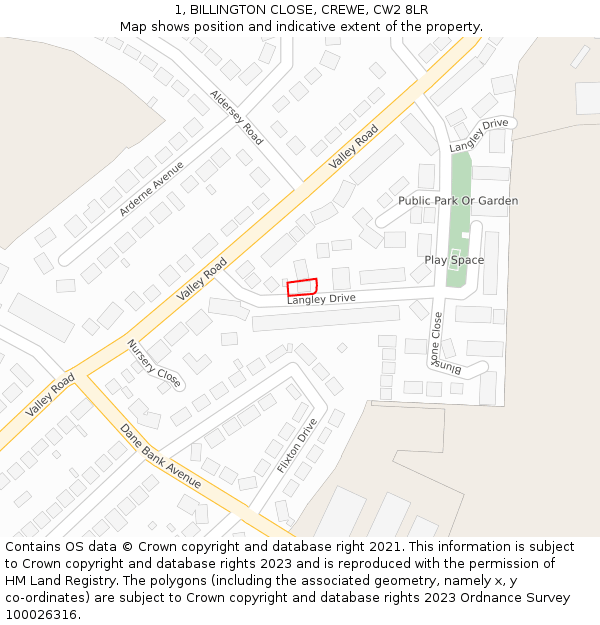 1, BILLINGTON CLOSE, CREWE, CW2 8LR: Location map and indicative extent of plot