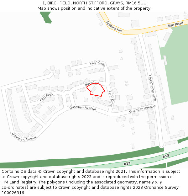 1, BIRCHFIELD, NORTH STIFFORD, GRAYS, RM16 5UU: Location map and indicative extent of plot