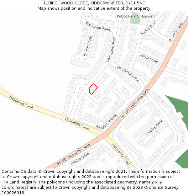 1, BIRCHWOOD CLOSE, KIDDERMINSTER, DY11 5ND: Location map and indicative extent of plot
