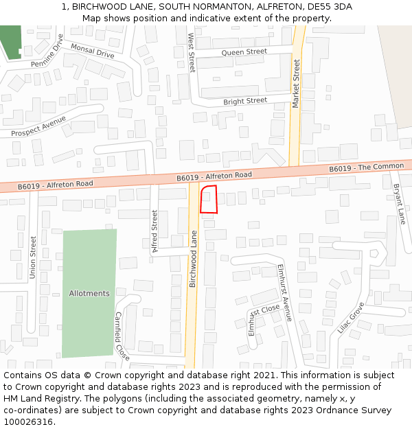 1, BIRCHWOOD LANE, SOUTH NORMANTON, ALFRETON, DE55 3DA: Location map and indicative extent of plot