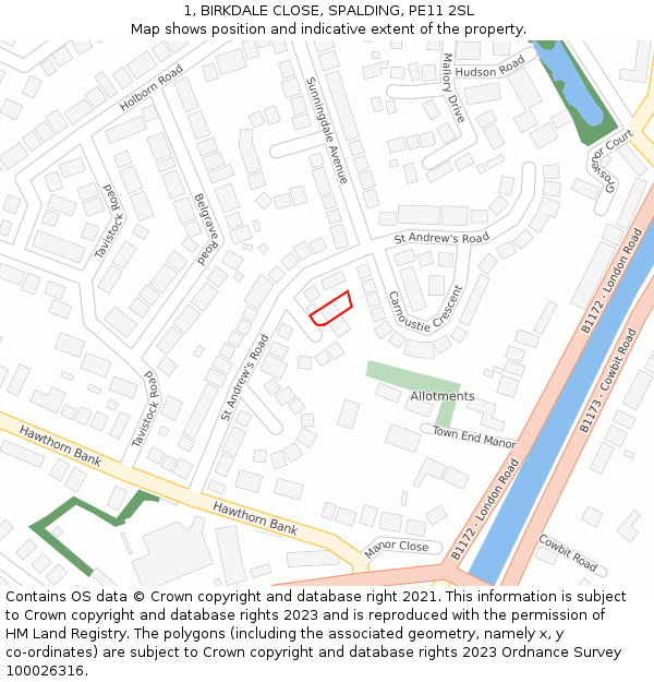 1, BIRKDALE CLOSE, SPALDING, PE11 2SL: Location map and indicative extent of plot