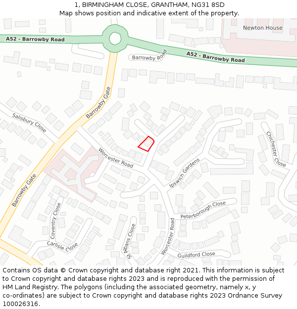 1, BIRMINGHAM CLOSE, GRANTHAM, NG31 8SD: Location map and indicative extent of plot