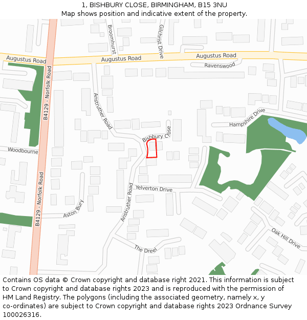 1, BISHBURY CLOSE, BIRMINGHAM, B15 3NU: Location map and indicative extent of plot