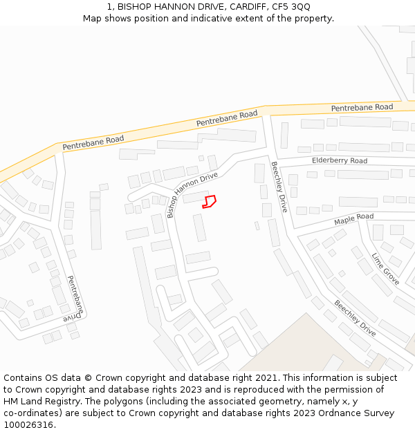 1, BISHOP HANNON DRIVE, CARDIFF, CF5 3QQ: Location map and indicative extent of plot