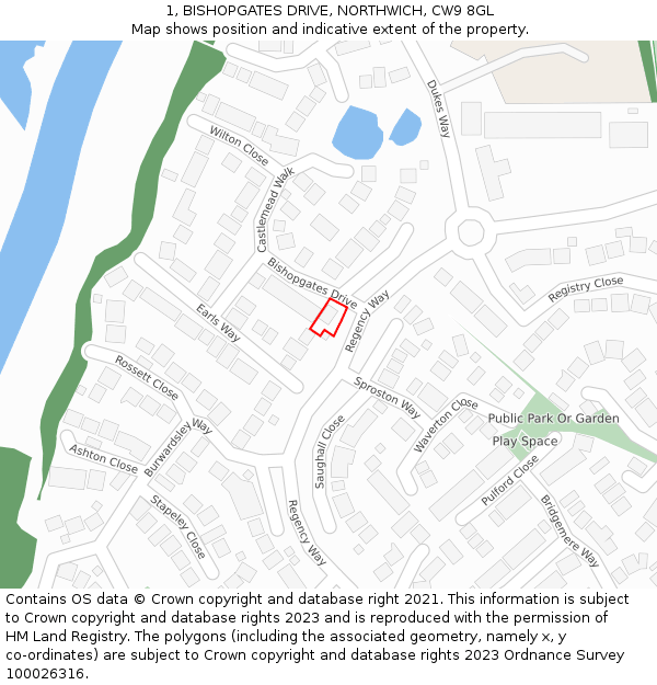 1, BISHOPGATES DRIVE, NORTHWICH, CW9 8GL: Location map and indicative extent of plot