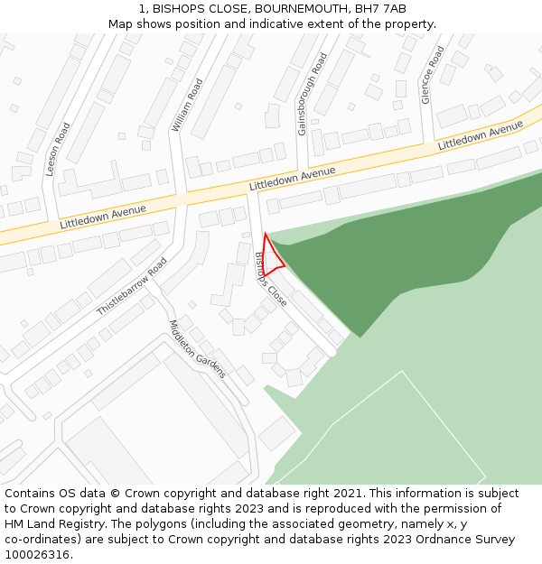 1, BISHOPS CLOSE, BOURNEMOUTH, BH7 7AB: Location map and indicative extent of plot