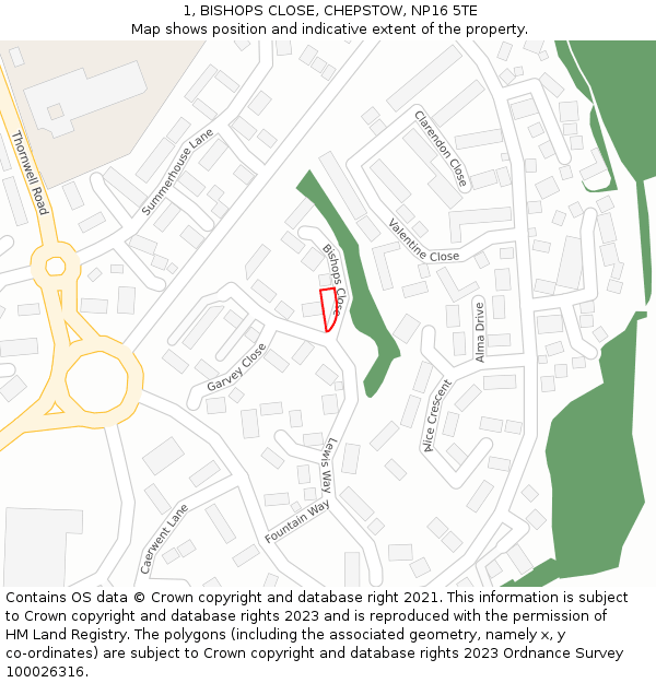 1, BISHOPS CLOSE, CHEPSTOW, NP16 5TE: Location map and indicative extent of plot