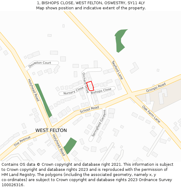 1, BISHOPS CLOSE, WEST FELTON, OSWESTRY, SY11 4LY: Location map and indicative extent of plot