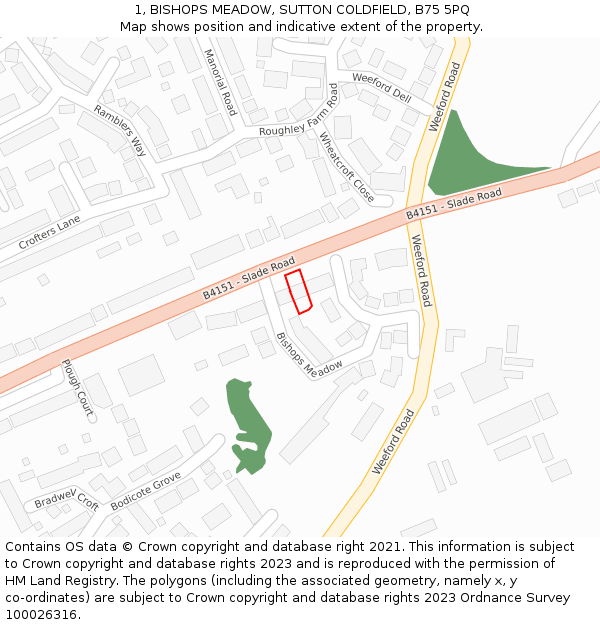 1, BISHOPS MEADOW, SUTTON COLDFIELD, B75 5PQ: Location map and indicative extent of plot