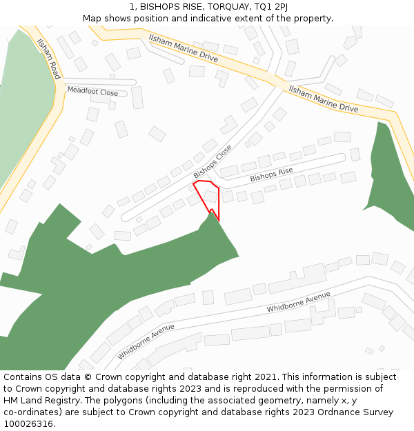 1, BISHOPS RISE, TORQUAY, TQ1 2PJ: Location map and indicative extent of plot