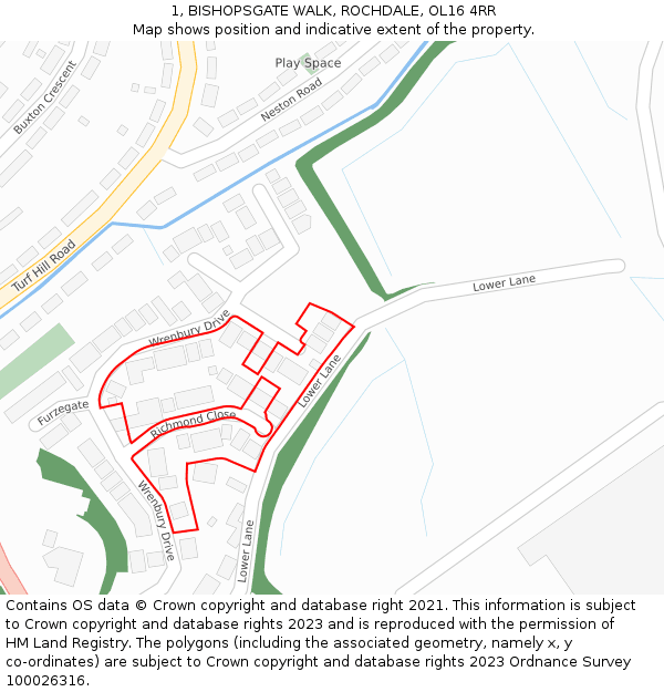 1, BISHOPSGATE WALK, ROCHDALE, OL16 4RR: Location map and indicative extent of plot