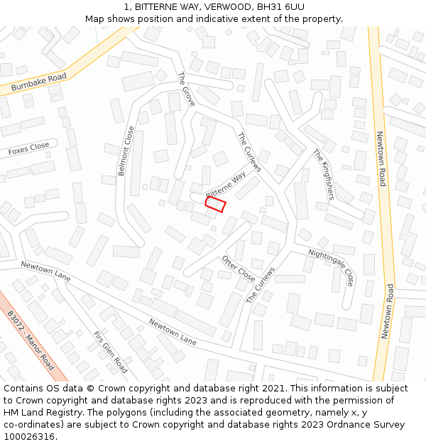 1, BITTERNE WAY, VERWOOD, BH31 6UU: Location map and indicative extent of plot