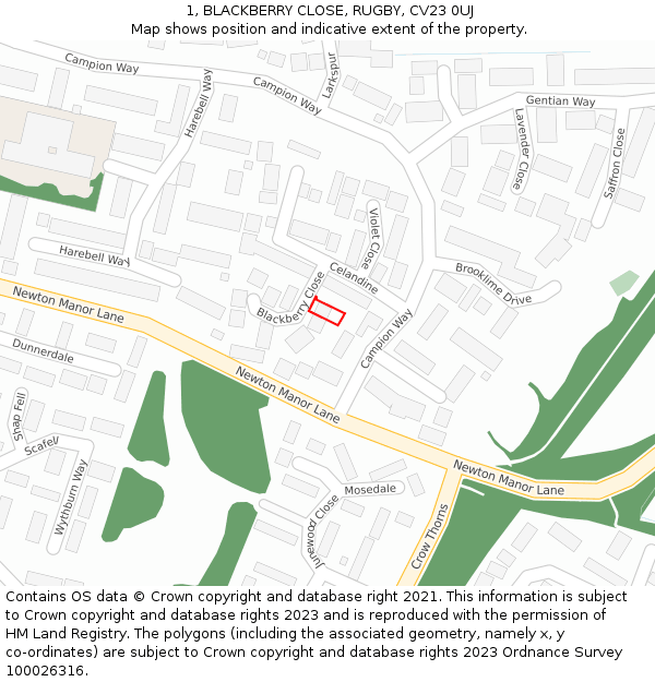 1, BLACKBERRY CLOSE, RUGBY, CV23 0UJ: Location map and indicative extent of plot