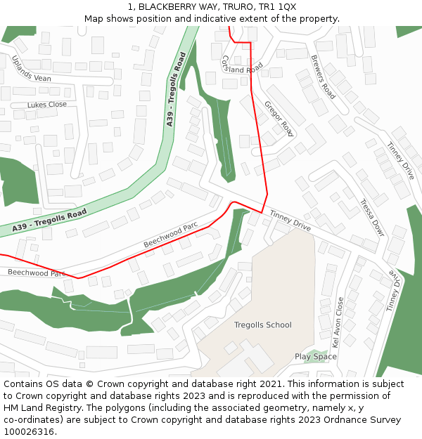 1, BLACKBERRY WAY, TRURO, TR1 1QX: Location map and indicative extent of plot