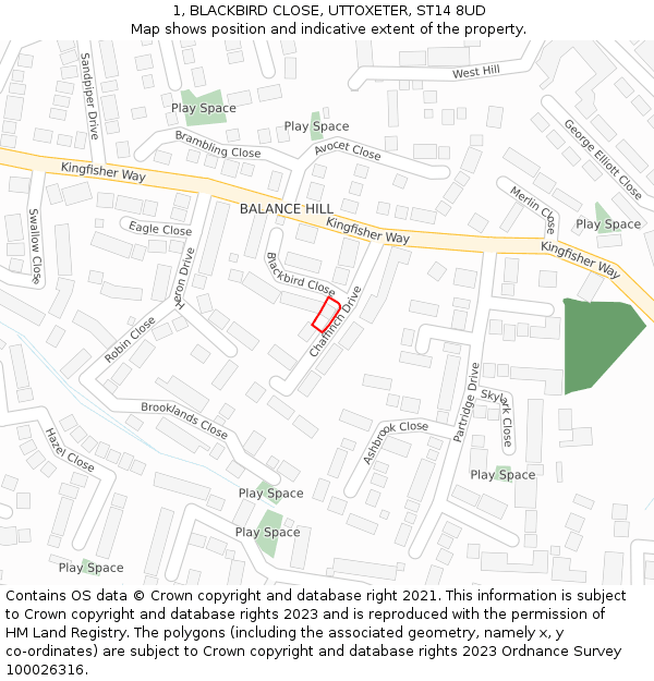 1, BLACKBIRD CLOSE, UTTOXETER, ST14 8UD: Location map and indicative extent of plot