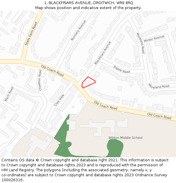 1, BLACKFRIARS AVENUE, DROITWICH, WR9 8RQ: Location map and indicative extent of plot