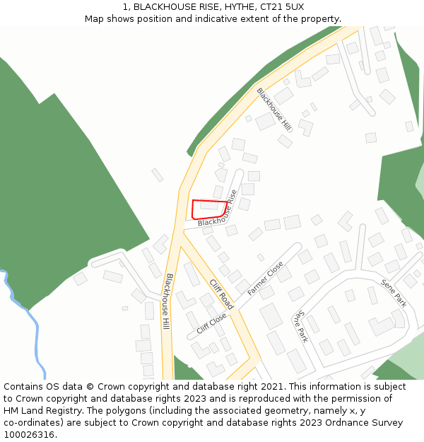 1, BLACKHOUSE RISE, HYTHE, CT21 5UX: Location map and indicative extent of plot