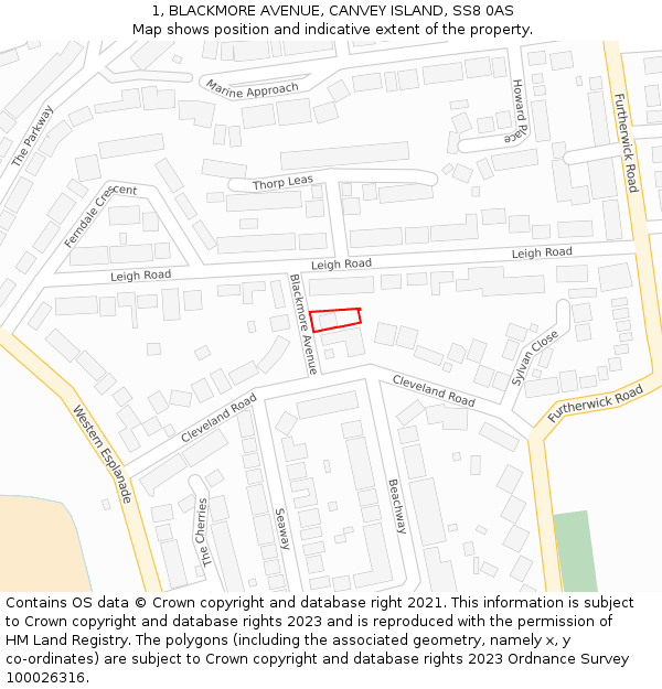 1, BLACKMORE AVENUE, CANVEY ISLAND, SS8 0AS: Location map and indicative extent of plot