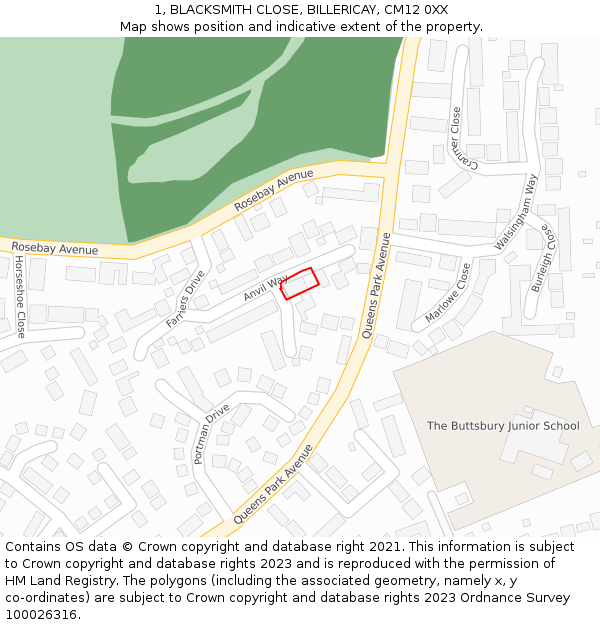 1, BLACKSMITH CLOSE, BILLERICAY, CM12 0XX: Location map and indicative extent of plot