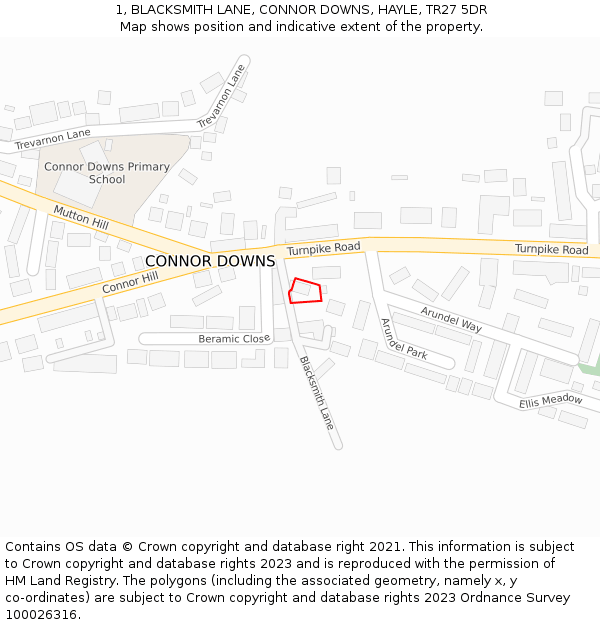 1, BLACKSMITH LANE, CONNOR DOWNS, HAYLE, TR27 5DR: Location map and indicative extent of plot