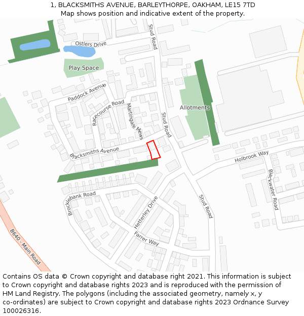 1, BLACKSMITHS AVENUE, BARLEYTHORPE, OAKHAM, LE15 7TD: Location map and indicative extent of plot