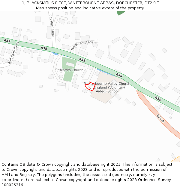 1, BLACKSMITHS PIECE, WINTERBOURNE ABBAS, DORCHESTER, DT2 9JE: Location map and indicative extent of plot