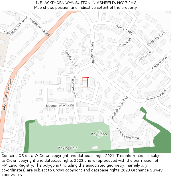 1, BLACKTHORN WAY, SUTTON-IN-ASHFIELD, NG17 1HG: Location map and indicative extent of plot